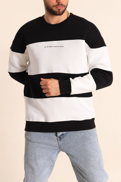 Siyah Beyaz Oversize Üç İp Şardonlu Kabartma Yazılı Erkek Sweatshirt 222553