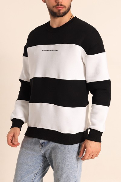 Siyah Beyaz Oversize Üç İp Şardonlu Kabartma Yazılı Erkek Sweatshirt 222553