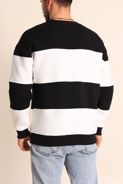 Siyah Beyaz Oversize Üç İp Şardonlu Kabartma Yazılı Erkek Sweatshirt 222553