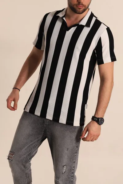 Siyah Beyaz Regular Fit Çizgili Polo Yaka Erkek Tişört 268618