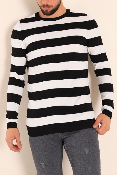 Siyah Beyaz Regular Fit Çizgili Triko Kazak 213865