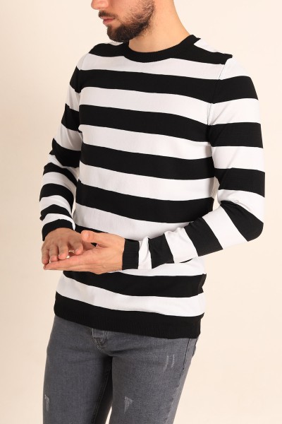 Siyah Beyaz Regular Fit Çizgili Triko Kazak 213865