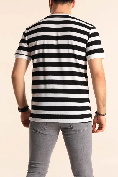 Siyah Beyaz Regular Fit Çizgili Yazı Detay Erkek Tişört 252184