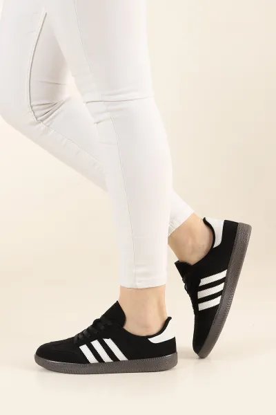 Siyah Beyaz Süet Çizgili Bağcıklı Spor Ayakkabı 264003