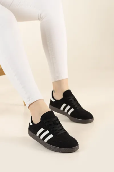 Siyah Beyaz Süet Çizgili Bağcıklı Spor Ayakkabı 264003