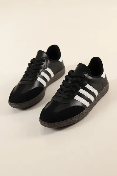 Siyah Beyaz Süet Detay Çizgili Bağcıklı Spor Ayakkabı 264006