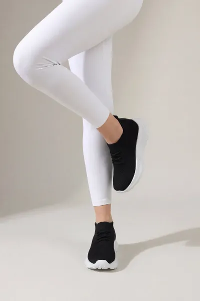 Siyah Beyaz Triko Bağcıklı Kadın Spor Ayakkabı 445389