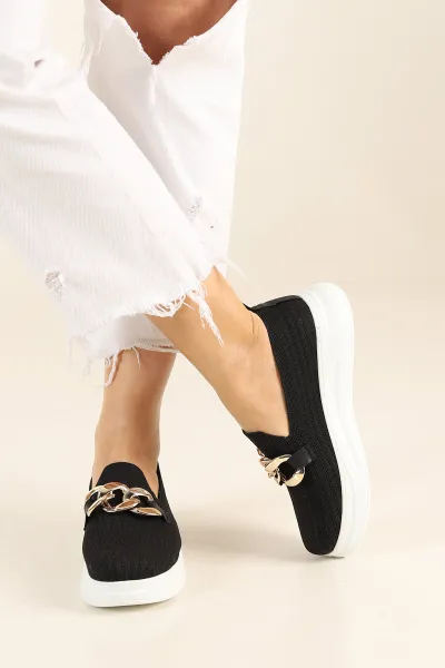 Siyah Beyaz Triko Gold Tokalı Loafer Ayakkabı 262230