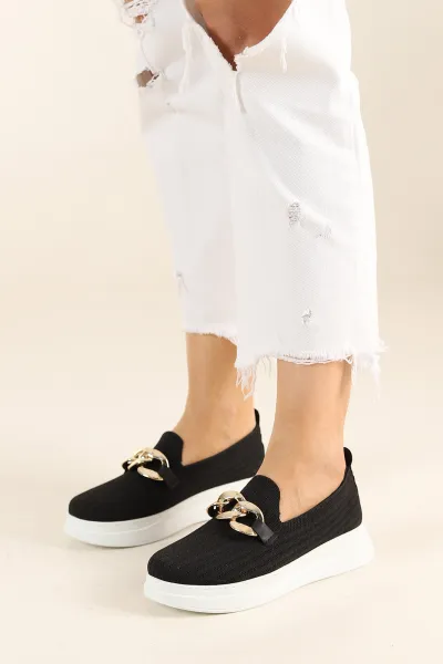 Siyah Beyaz Triko Gold Tokalı Loafer Ayakkabı 262230