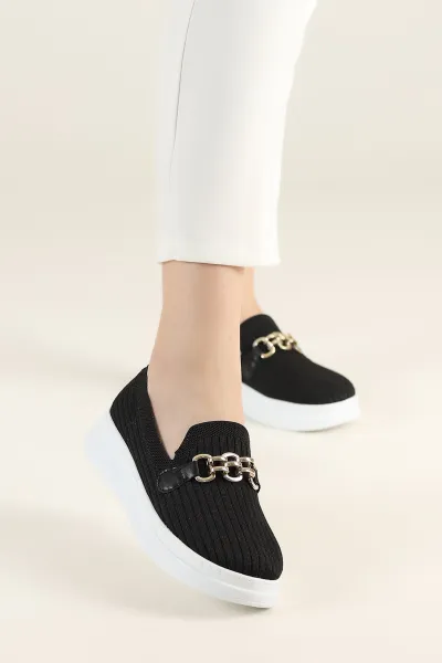 Siyah Beyaz Triko Gold Tokalı Loafer Ayakkabı 263741