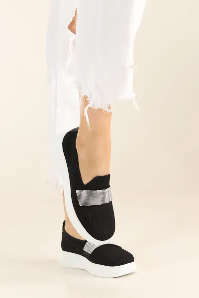 Siyah Beyaz Triko Taş Tasarım Loafer Ayakkabı 262223