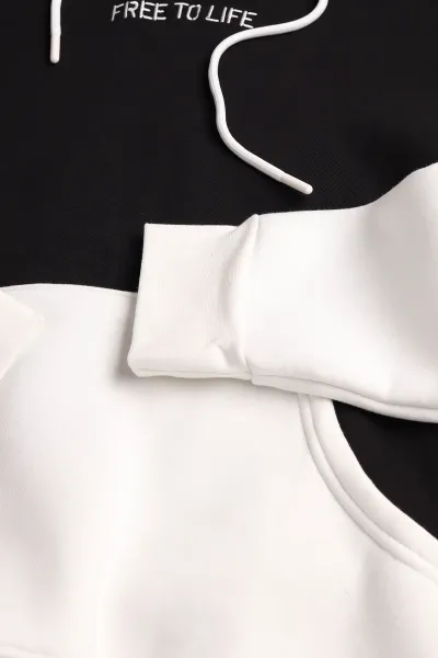 Siyah Beyaz Üç İp Şardonlu Kapüşonlu Yazı Detaylı Erkek Sweatshirt 396151