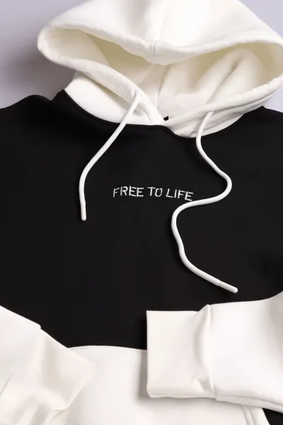 Siyah Beyaz Üç İp Şardonlu Kapüşonlu Yazı Detaylı Erkek Sweatshirt 396151