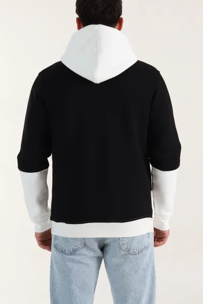 Siyah Beyaz Üç İp Şardonlu Kapüşonlu Yazı Detaylı Erkek Sweatshirt 396151