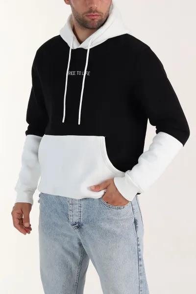 Siyah Beyaz Üç İp Şardonlu Kapüşonlu Yazı Detaylı Erkek Sweatshirt 396151