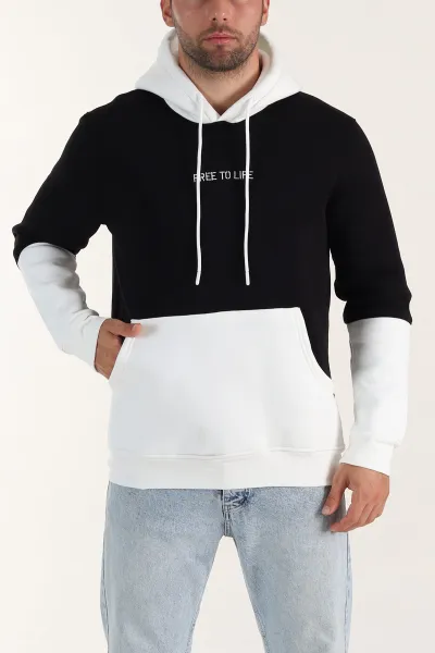 Siyah Beyaz Üç İp Şardonlu Kapüşonlu Yazı Detaylı Erkek Sweatshirt 396151