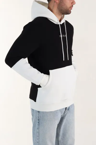 Siyah Beyaz Üç İp Şardonlu Kapüşonlu Yazı Detaylı Erkek Sweatshirt 396151