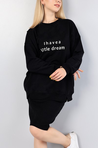 Siyah Bisiklet Yaka Baskılı Bayan Sweat 76506