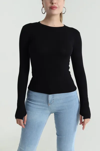 Siyah Bisiklet Yaka Buzzy Kadın Bluz 484306