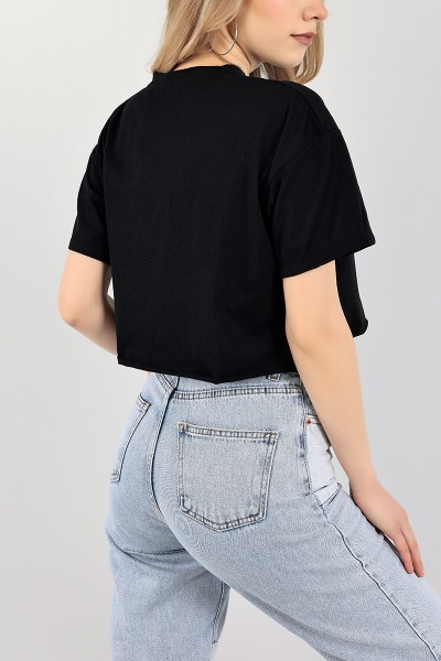 Siyah Bisiklet Yaka Crop Tişört 104645