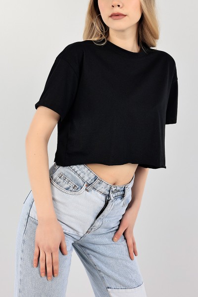Siyah Bisiklet Yaka Crop Tişört 104645