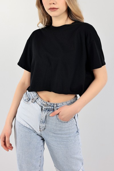 Siyah Bisiklet Yaka Crop Tişört 104645