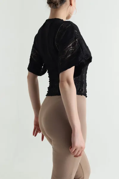 Siyah Bisiklet Yaka Dantel Kadın Bluz 468641