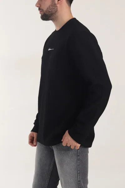 Siyah Bisiklet Yaka Dokulu Nakış Detaylı Erkek Sweatshirt 406945