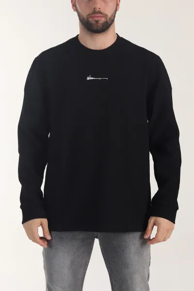 Siyah Bisiklet Yaka Dokulu Nakış Detaylı Erkek Sweatshirt 406945