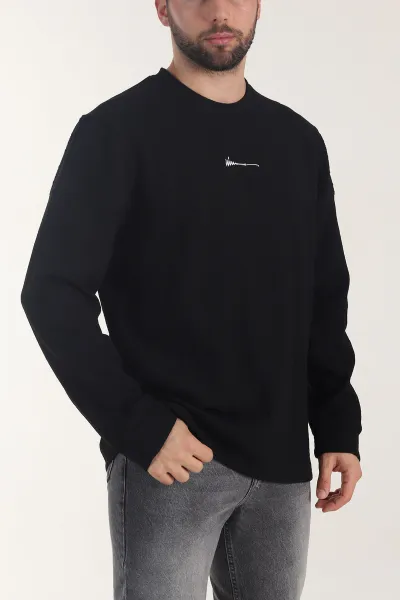 Siyah Bisiklet Yaka Dokulu Nakış Detaylı Erkek Sweatshirt 406945