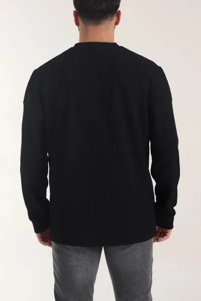 Siyah Bisiklet Yaka Dokulu Nakış Detaylı Erkek Sweatshirt 406945