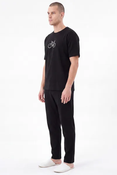 Siyah Bisiklet Yaka Erkek Kısa Kollu Pijama Takımı 477812