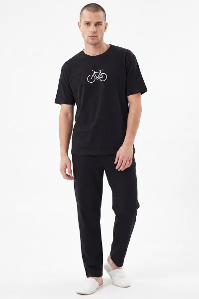 Siyah Bisiklet Yaka Erkek Kısa Kollu Pijama Takımı 477812