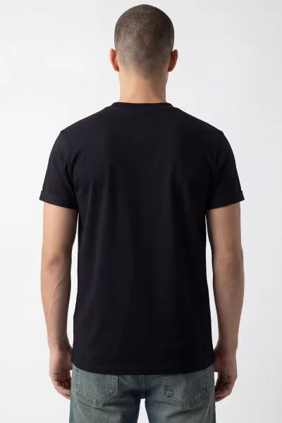 Siyah Bisiklet Yaka Etiket Detay Erkek Tişört 435420