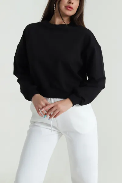 Siyah Bisiklet Yaka İki İp Kadın Sweat 484272