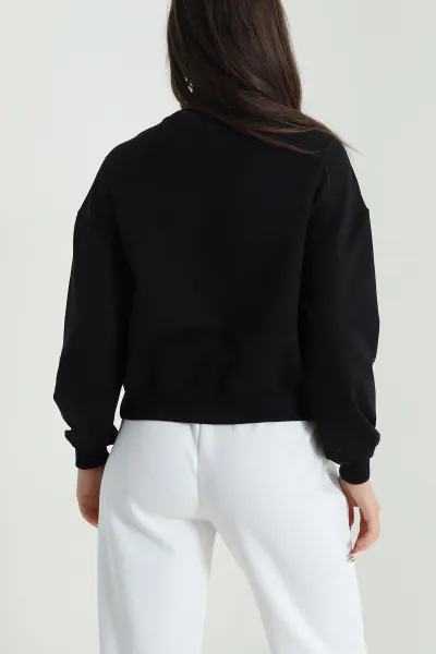 Siyah Bisiklet Yaka İki İp Kadın Sweat 484272