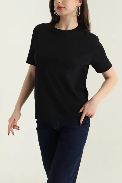 Siyah Bisiklet Yaka İnterlok Kadın Tişört 435238