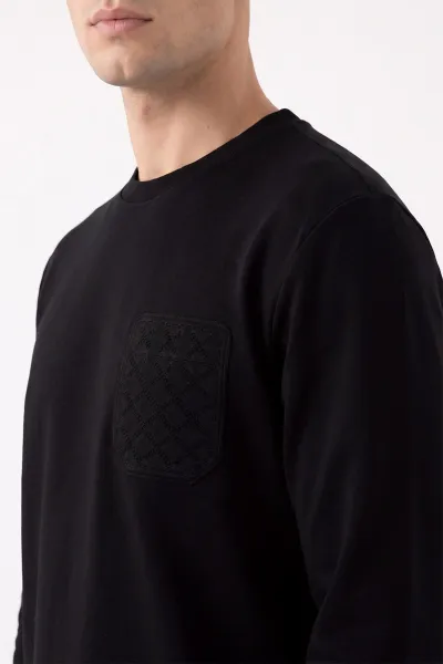 Siyah Bisiklet Yaka Kabartma Detaylı Erkek Sweatshirt 482802