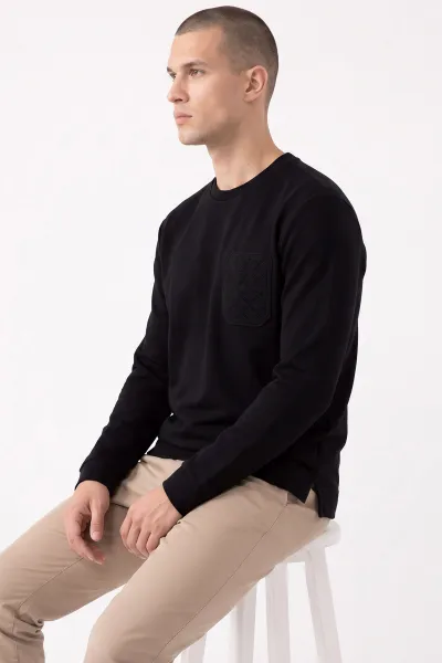 Siyah Bisiklet Yaka Kabartma Detaylı Erkek Sweatshirt 482802