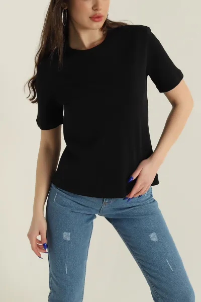 Siyah Bisiklet Yaka Kompak Kadın Tişört 427454
