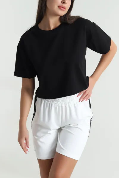 Siyah Bisiklet Yaka Kristal Kadın Crop 477582