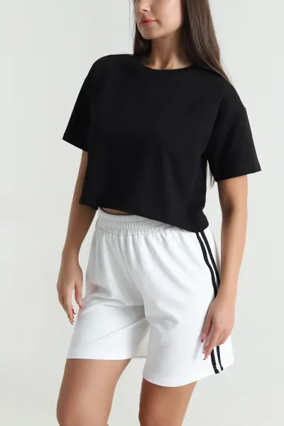 Siyah Bisiklet Yaka Kristal Kadın Crop 477582