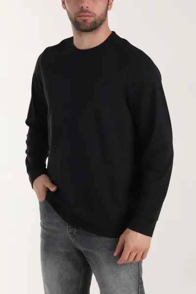 Siyah Bisiklet Yaka Likralı Erkek Sweatshirt 410578
