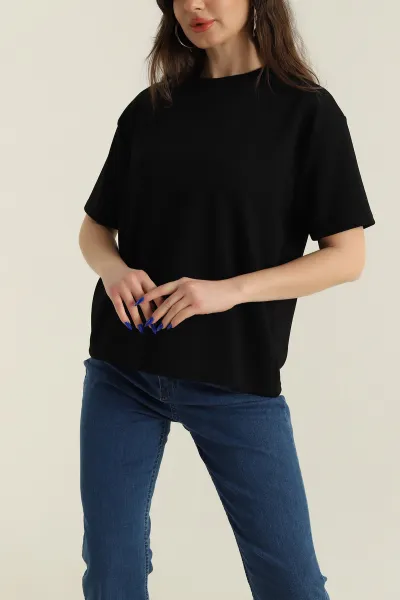 Siyah Bisiklet Yaka Modal Kadın Tişört 425798