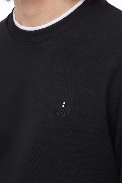 Siyah Bisiklet Yaka Nakış Detay Erkek Sweatshirt 492007