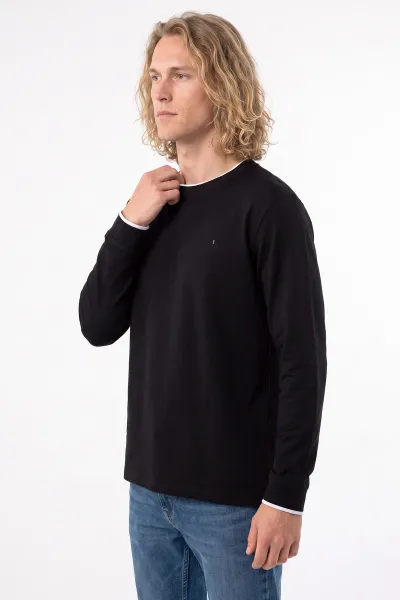 Siyah Bisiklet Yaka Nakış Detay Erkek Sweatshirt 492007