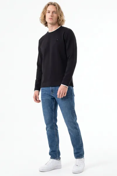 Siyah Bisiklet Yaka Nakış Detay Erkek Sweatshirt 492007