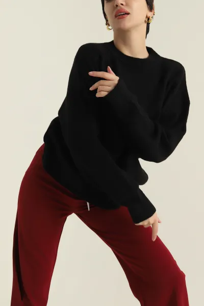 Siyah Bisiklet Yaka Oversize Kadın Triko Kazak 421234