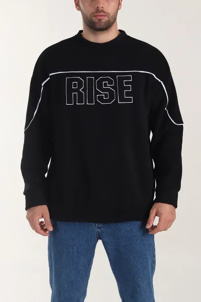 Siyah Bisiklet Yaka Polar Kumaş Yazı Detaylı Erkek Sweatshirt 404252