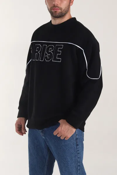 Siyah Bisiklet Yaka Polar Kumaş Yazı Detaylı Erkek Sweatshirt 404252